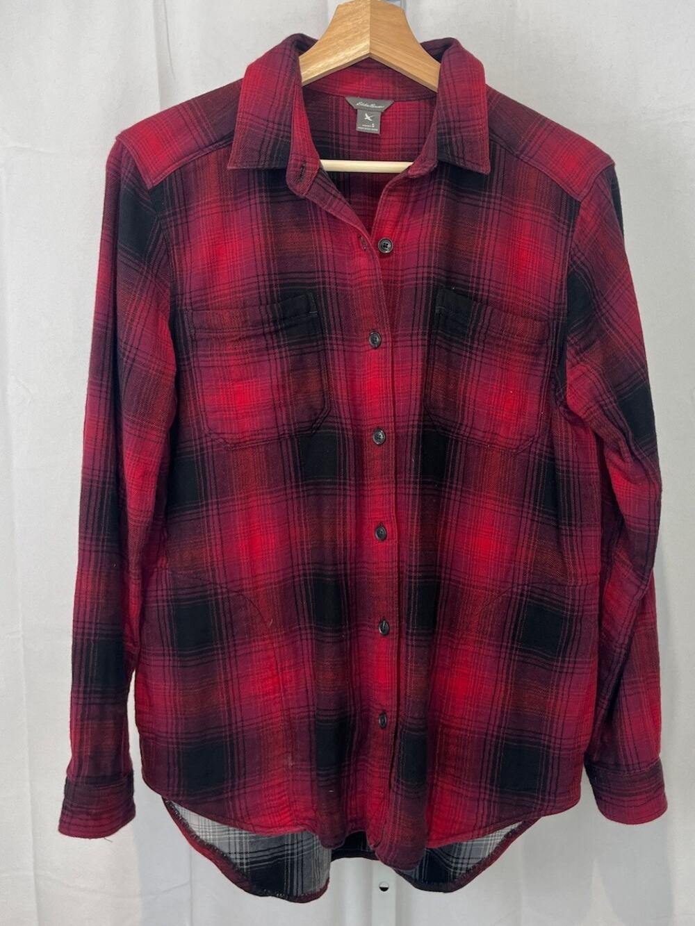 EDDIE BAUER Plaid Flannel Button Down Shirt Jacket Long Sleeve Cotton Red Gray S